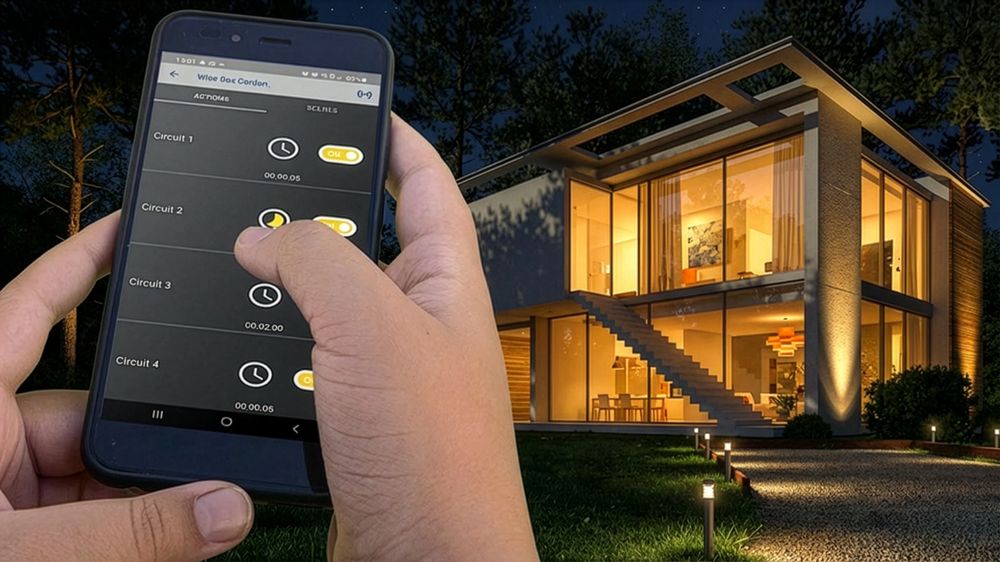 The Wise Direct app controlling outdoor lighting circuits on a contemporary house at night