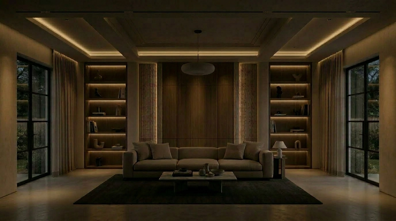 Living room lit for the movie night scene